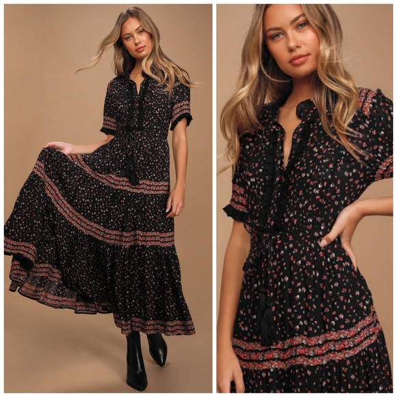 Free People Dresses & Skirts - Free People Black Floral Flowy Short Sleeve Dress